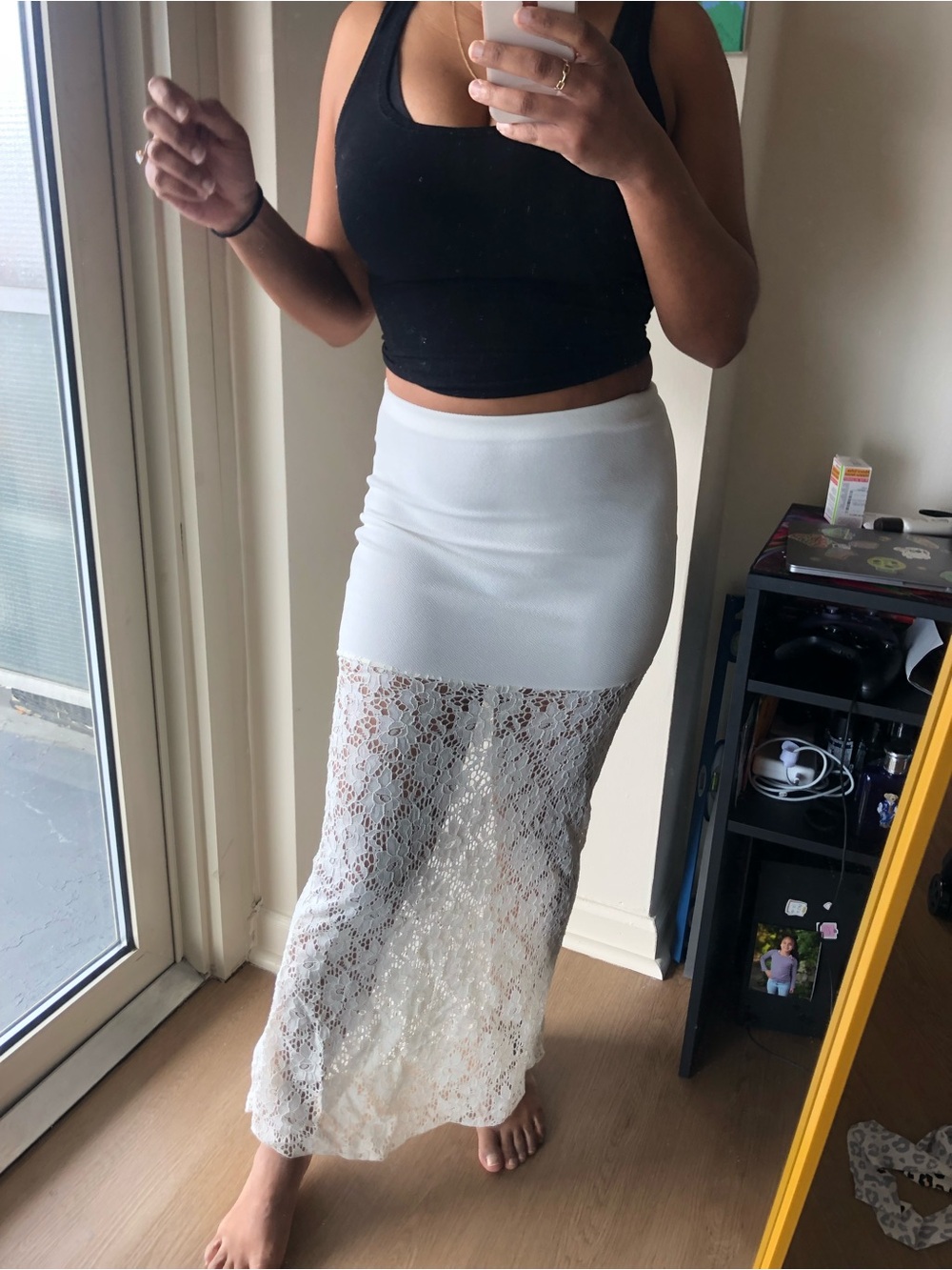 White Lace Maxi Skirt - Women's Sheer Panel Design